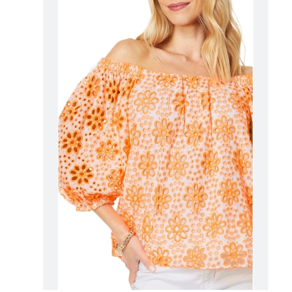 Lilly Pulitzer Kerrigan Elbow Sleeve Top Cantaloupe Funflower Eyelet - Picture 2 of 11